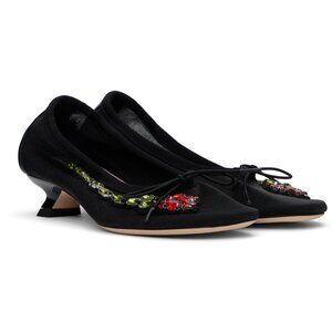 Simone Rocha Black Embellished Flower Mesh Ballerina Heels